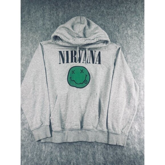H&M Womens XS Nirvana Gray Hoodie With Green Smiley Graphic Grunge Band Music - Picture 1 of 8